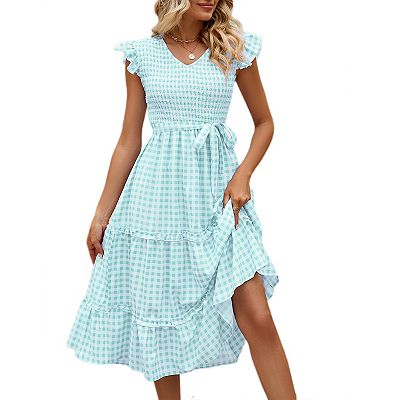 Women's V Neck Smocked Midi Dress Casual Summer Ruffle Sleeve Flowy Tiered Maxi Dresses