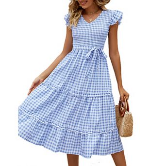 Women's V Neck Smocked Midi Dress Casual Summer Ruffle Sleeve Flowy Tiered Maxi Dresses