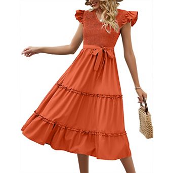 Women's V Neck Smocked Midi Dress Casual Summer Ruffle Sleeve Flowy Tiered Maxi Dresses