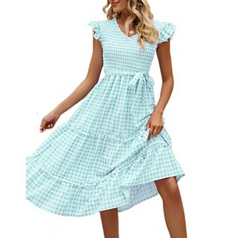 Women's V Neck Smocked Midi Dress Casual Summer Ruffle Sleeve Flowy Tiered Maxi Dresses