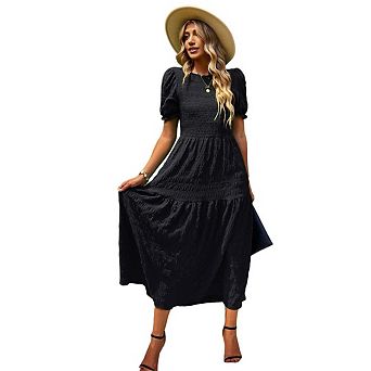 Women’s Summer Casual Puff Sleeve Smocked Ruffle Boho Crewneck Flowy Maxi Beach Party Dress