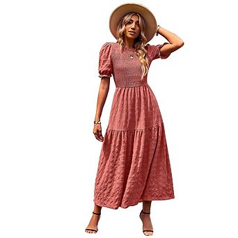 Women’s Summer Casual Puff Sleeve Smocked Ruffle Boho Crewneck Flowy Maxi Beach Party Dress