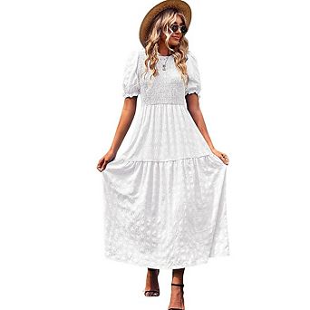 Women’s Summer Casual Puff Sleeve Smocked Ruffle Boho Crewneck Flowy Maxi Beach Party Dress