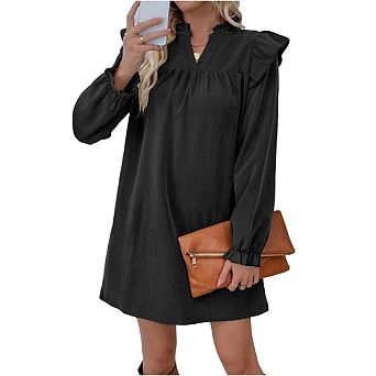 Women's Ruffle Sleeve V Neck Stand Collar Mini Dress Long Sleeve Casual Loose Short Dresses