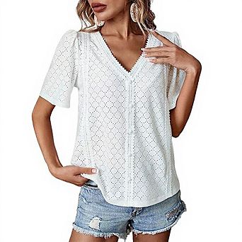 Womens Summer V Neck Short Sleeve T Shirts Trendy Eyelet Blouses Cute Buttons Up Tunics Tee Tops