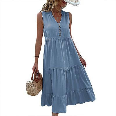 Women's Sleeveless V Neck Button Tiered Maxi Dress Loose Fit Casual Summer  Swing A Line Long