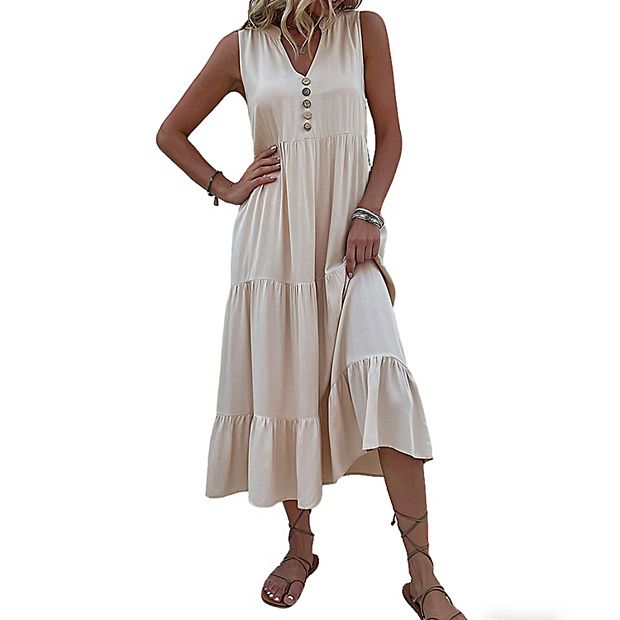 Women's Sleeveless V Neck Button Tiered Maxi Dress Loose Fit Casual Summer  Swing A Line Long