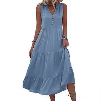 Women's Sleeveless V Neck Button Tiered Maxi Dress Loose Fit Casual Summer Swing A Line Long Dress