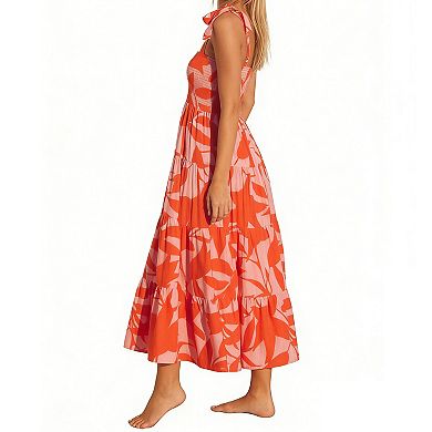 Women's Tropical Print Maxi Dress Square Neck Tie Strap Tiered Flowy Summer Beach Dress