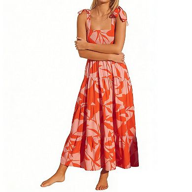 Women's Tropical Print Maxi Dress Square Neck Tie Strap Tiered Flowy Summer Beach Dress