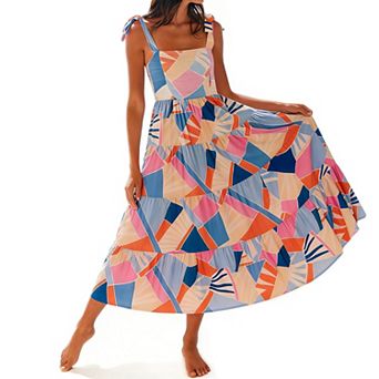 Women's Tropical Print Maxi Dress Square Neck Tie Strap Tiered Flowy Summer Beach Dress