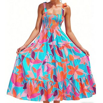 Women's Tropical Print Maxi Dress Square Neck Tie Strap Tiered Flowy Summer Beach Dress