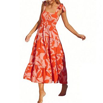 Women's Tropical Print Maxi Dress Square Neck Tie Strap Tiered Flowy Summer Beach Dress
