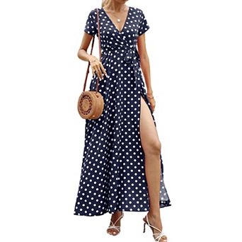 Women's Swiss Dot Short Sleeve Maxi Dress Wrap V Neck Summer Casual Dress