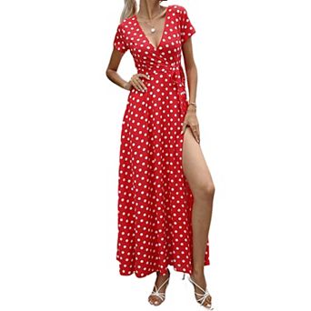 Women's Swiss Dot Short Sleeve Maxi Dress Wrap V Neck Summer Casual Dress