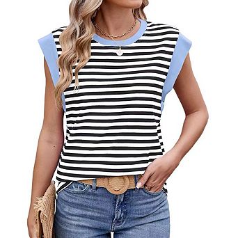Womens Tank Tops Summer Casual Crewneck Cap Sleeve Striped T Shirts Loose Blouses