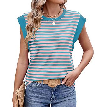 Womens Tank Tops Summer Casual Crewneck Cap Sleeve Striped T Shirts Loose Blouses
