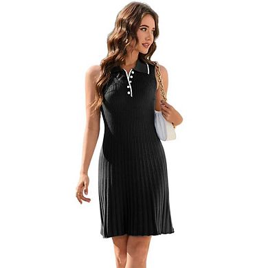 Women's Sweater Dress Collared V Neck Sleeveless Button Up Elegant Ribbed Knit Midi Dresses