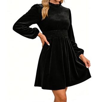 Women's Velvet Long Sleeve Mini Dress Ruffled Neck Smocked Waist Flowy Party Cocktail Dress