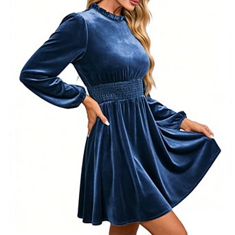 Women's Velvet Long Sleeve Mini Dress Ruffled Neck Smocked Waist Flowy Party Cocktail Dress