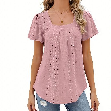 Women's Square Neck Eyelet Blouse Short Puff Sleeve Loose-Fit Casual Summer Top