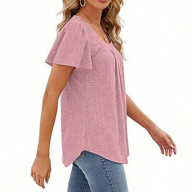Women's Square Neck Eyelet Blouse Short Puff Sleeve Loose-Fit Casual Summer Top