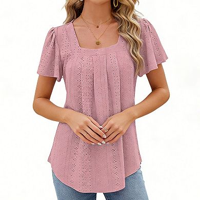 Women's Square Neck Eyelet Blouse Short Puff Sleeve Loose-Fit Casual Summer Top