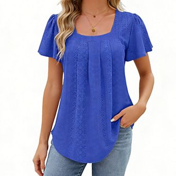 Women's Square Neck Eyelet Blouse Short Puff Sleeve Loose-Fit Casual Summer Top