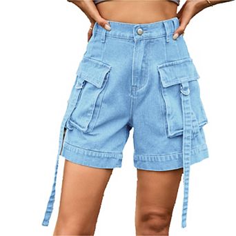 Womens Cargo Denim Shorts Summer Casual Vintage Loose Button Zipper Shorts Pants with Pockets