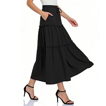 Women's Tiered Maxi Skirt - Elastic Waist Tie Flowy A-Line Casual Long Skirt with Pockets