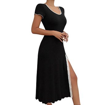 Womens Knit Dress Short Sleeve Midi Dresses Casual Split Hem Bodycon Dress