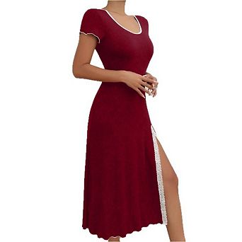 Womens Knit Dress Short Sleeve Midi Dresses Casual Split Hem Bodycon Dress
