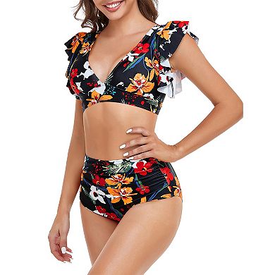 Women's Bikini Set Ruffle Sleeve V Neck High Waisted Floral Two Piece Swimsuit