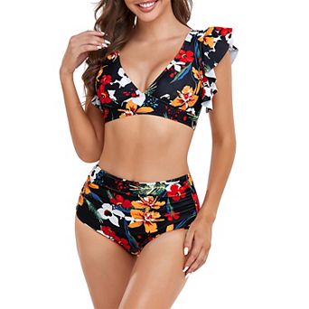 Women's Bikini Set Ruffle Sleeve V Neck High Waisted Floral Two Piece Swimsuit