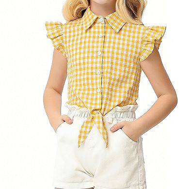 Girls' Ruffle Sleeveless Button-Down Shirt - Tie Front Collared Casual Blouse for Kids