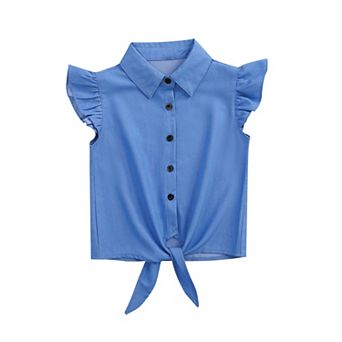 Girls' Ruffle Sleeveless Button-Down Shirt - Tie Front Collared Casual Blouse for Kids