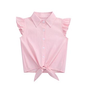 Girls' Ruffle Sleeveless Button-Down Shirt - Tie Front Collared Casual Blouse for Kids