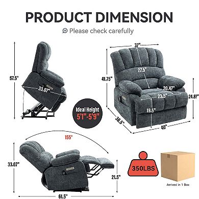 Large Size Chenille Power Lift Recliner Chair with 8 Point Vibration Massage and Lumbar Heating