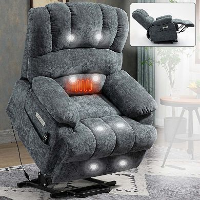Large Size Chenille Power Lift Recliner Chair with 8 Point Vibration Massage and Lumbar Heating