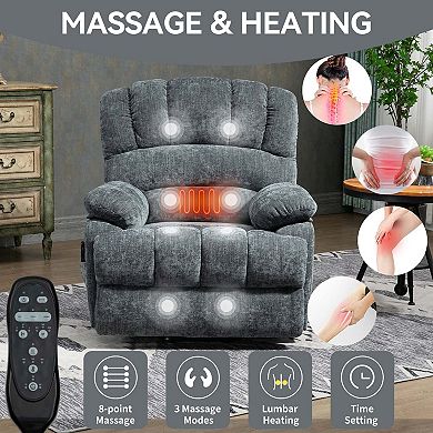 Large Size Chenille Power Lift Recliner Chair with 8 Point Vibration Massage and Lumbar Heating