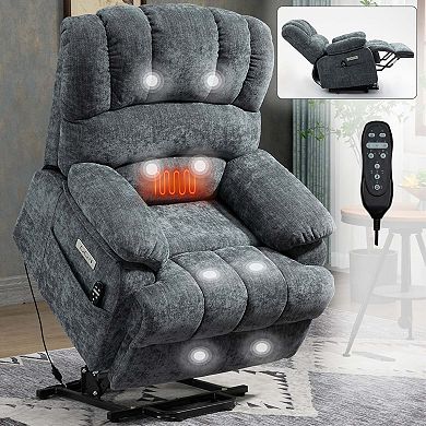 Large Size Chenille Power Lift Recliner Chair with 8 Point Vibration Massage and Lumbar Heating