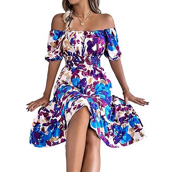 Women's Cold Shoulder Shirred Dress Waist Tie Dye Floral Print Short Sleeve Ruffle Hem Dress