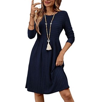 Womens Long Sleeve Crew Neck Spring Dresses Ribbed Knit Casual Knee Length Sweater Dress