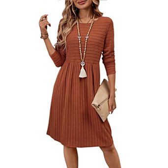 Womens Long Sleeve Crew Neck Spring Dresses Ribbed Knit Casual Knee Length Sweater Dress