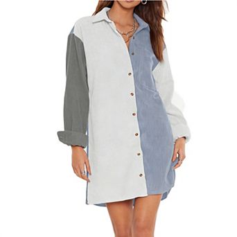 Women's Color Block Corduroy Shirt Dress Long Sleeve Button-Front Casual Loose-Fit Mini Dress