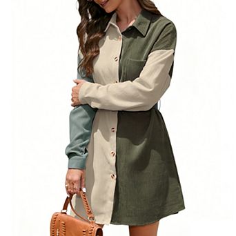 Women's Color Block Corduroy Shirt Dress Long Sleeve Button-Front Casual Loose-Fit Mini Dress