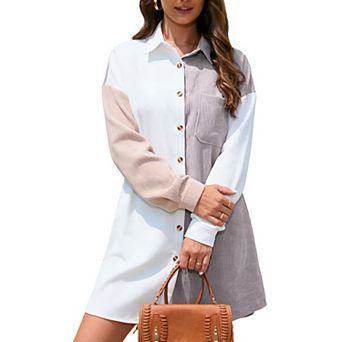 Women's Color Block Corduroy Shirt Dress Long Sleeve Button-Front Casual Loose-Fit Mini Dress