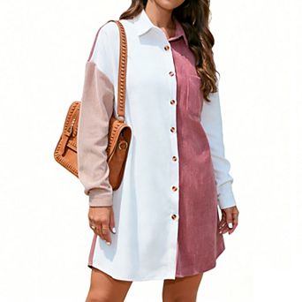 Women's Color Block Corduroy Shirt Dress Long Sleeve Button-Front Casual Loose-Fit Mini Dress