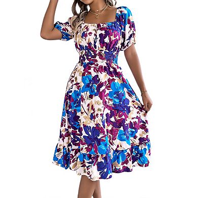 Women's Square Neck Midi Dress Boho Floral Puff Sleeve Off Shoulder Ruffle A Line Dresses