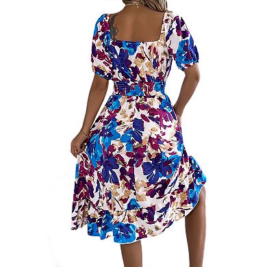 Women's Square Neck Midi Dress Boho Floral Puff Sleeve Off Shoulder Ruffle A Line Dresses